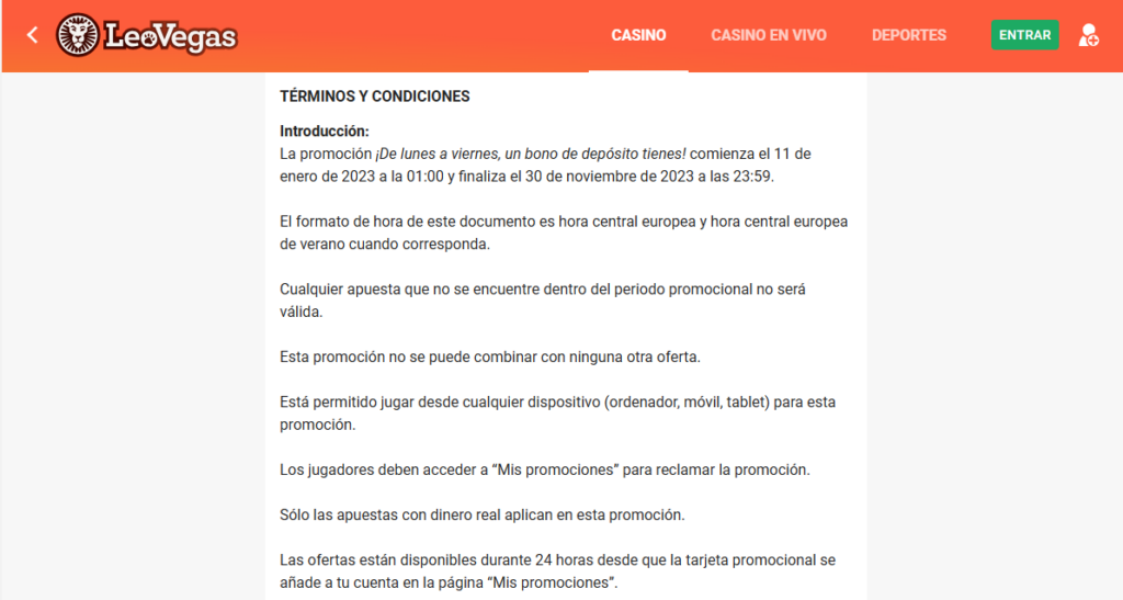 Términos y Condiciones en Leo Vegas para códigos de bonificación