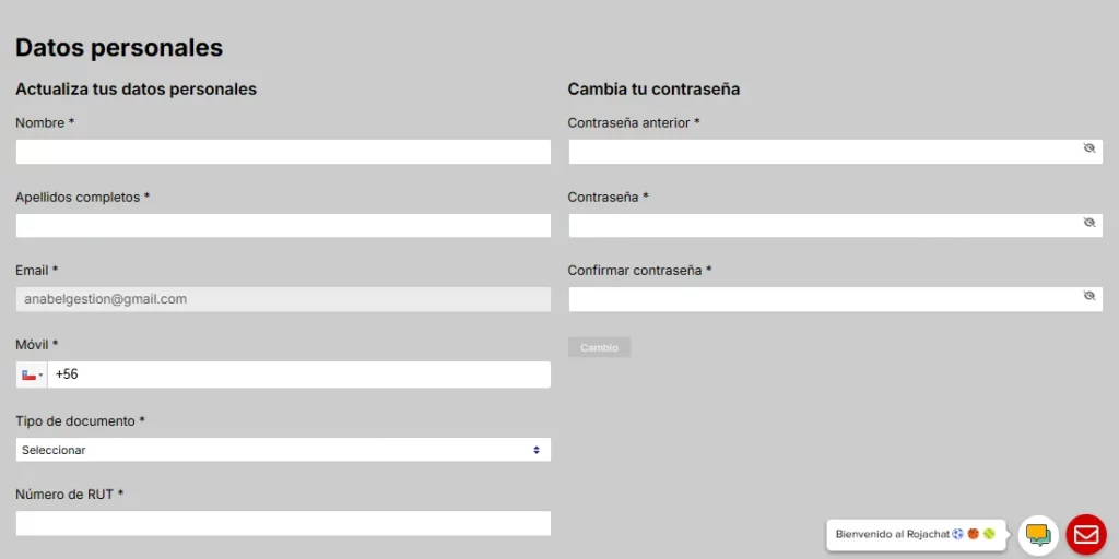 rellenar los datos personales en Rojabet